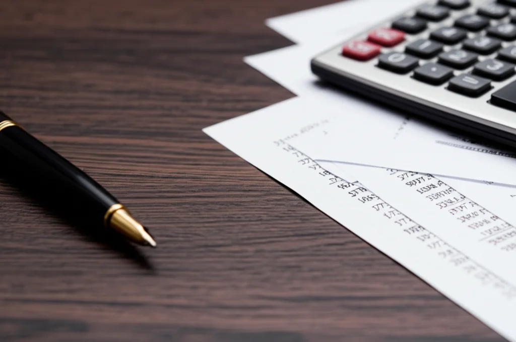 Un primo piano su documenti finanziari sparsi su una scrivania di legno scuro, con una calcolatrice e una penna stilografica accanto. Illuminazione da ufficio controllata, obiettivo macro 90mm per dettagli nitidi sui numeri e le texture.