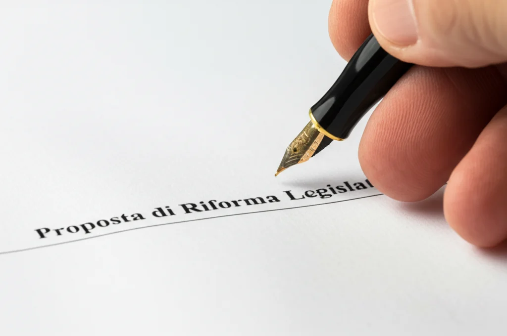 Una mano che scrive con una penna stilografica su un documento legale intitolato 'Proposta di Riforma Legislativa'. Illuminazione da studio controllata, obiettivo macro 70mm, alta definizione per mostrare la texture della carta e l'inchiostro.