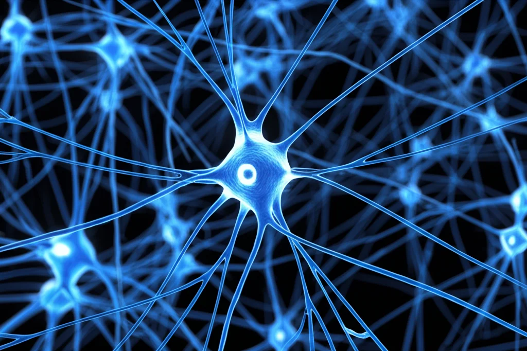 Immagine macro di neuroni cerebrali interconnessi, illuminazione controllata ad alto contrasto, alta definizione, focale 100mm, per illustrare la complessità delle reti neurali studiate nel metabolismo cerebrale.