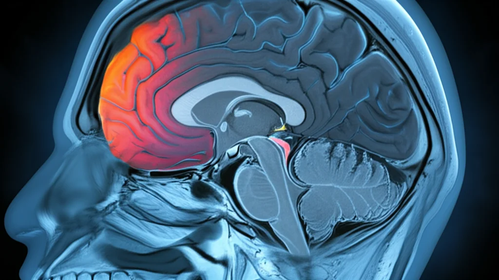 Visualizzazione 3D di una scansione MRI del cervello umano, con il precuneo evidenziato in colore contrastante. Stile fotorealistico, illuminazione da studio, alta risoluzione, focale 60mm macro per dettaglio anatomico.