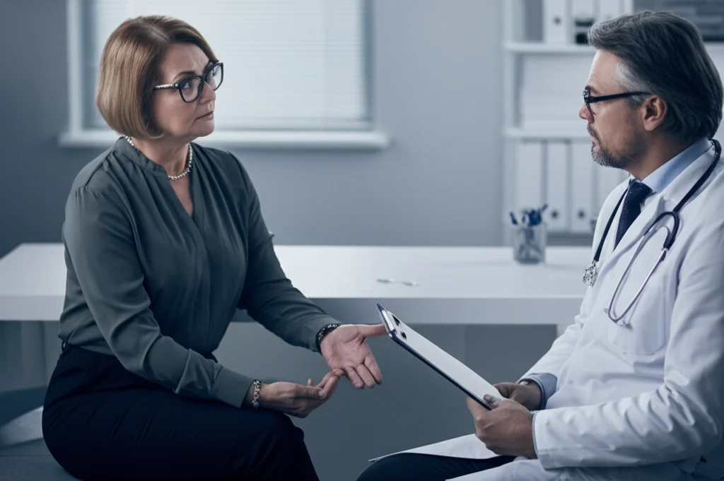 Ritratto di una donna elegante di circa 50 anni, vestita professionalmente, che discute con un oncologo in uno studio medico moderno e luminoso. La donna ha un'espressione attenta e partecipativa. Obiettivo prime 35mm, profondità di campo per sfocare leggermente lo sfondo, luce naturale morbida dalla finestra, duotone blu e grigio per un'atmosfera seria ma speranzosa.