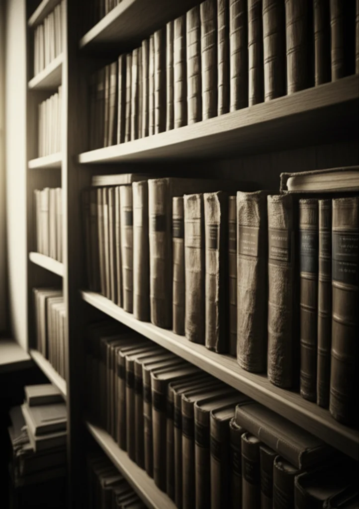 Un primo piano di una libreria antica piena di volumi filosofici rilegati in pelle, luce soffusa che entra da una finestra laterale, creando un'atmosfera di studio intenso e riflessione. Obiettivo prime 35mm, profondità di campo ridotta per mettere a fuoco alcuni titoli sulla filosofia della mente, bianco e nero con leggero viraggio seppia per un tocco vintage.