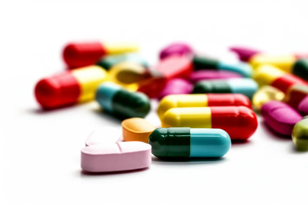 Fotografia macro di diverse pillole e capsule colorate sparse su una superficie bianca, simboleggianti le diverse opzioni terapeutiche. Obiettivo macro 100mm, alta definizione, illuminazione controllata da studio per enfatizzare texture e colori, focus selettivo su alcune pillole.