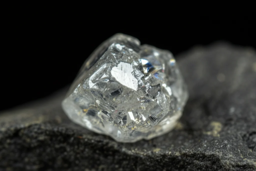 Un primo piano macro di un diamante grezzo scintillante appoggiato su una roccia scura, illuminazione controllata per evidenziare le inclusioni, lente macro 100mm, alta definizione.