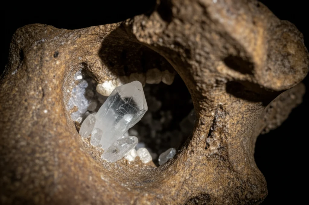 Fotografia macro di un fossile di cranio parzialmente esposto nel terreno, con cristalli di calcite visibili all'interno della cavità cranica, lente macro 90mm, luce laterale per creare ombre e dettaglio, alta definizione.