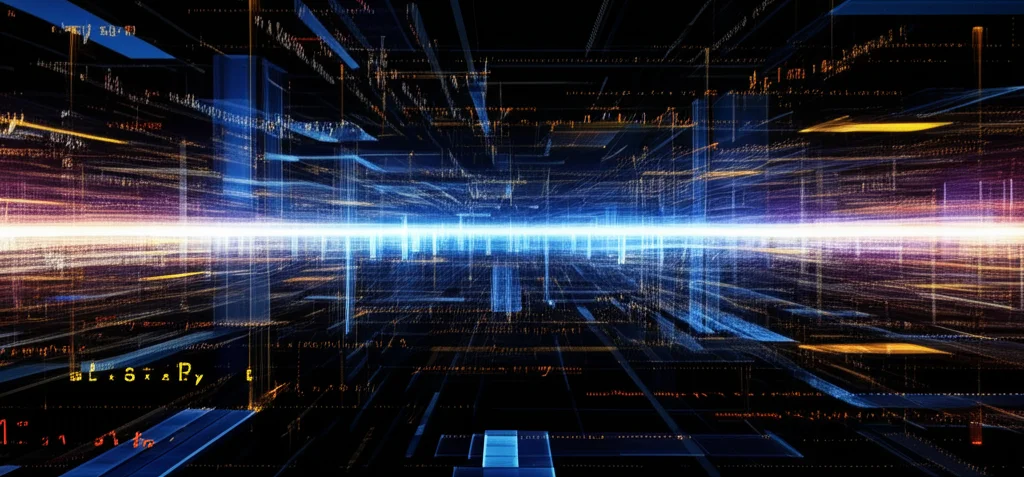Paesaggio ad angolo largo, lenti da 15 mm, che mostrano flussi di dati complessi e luminosi che fluiscono attraverso un paesaggio digitale verso un punto ottimale lontano, che rappresenta il processo di convergenza nell'ottimizzazione dell'apprendimento automatico, focus acuto, flussi di dati fluidi.