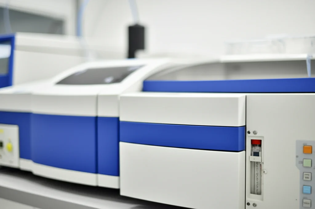 Cromatografo a gas (GC-MS) in un laboratorio scientifico moderno, messa a fuoco precisa sullo strumento con fiale campione visibili, illuminazione controllata da laboratorio, alta definizione.