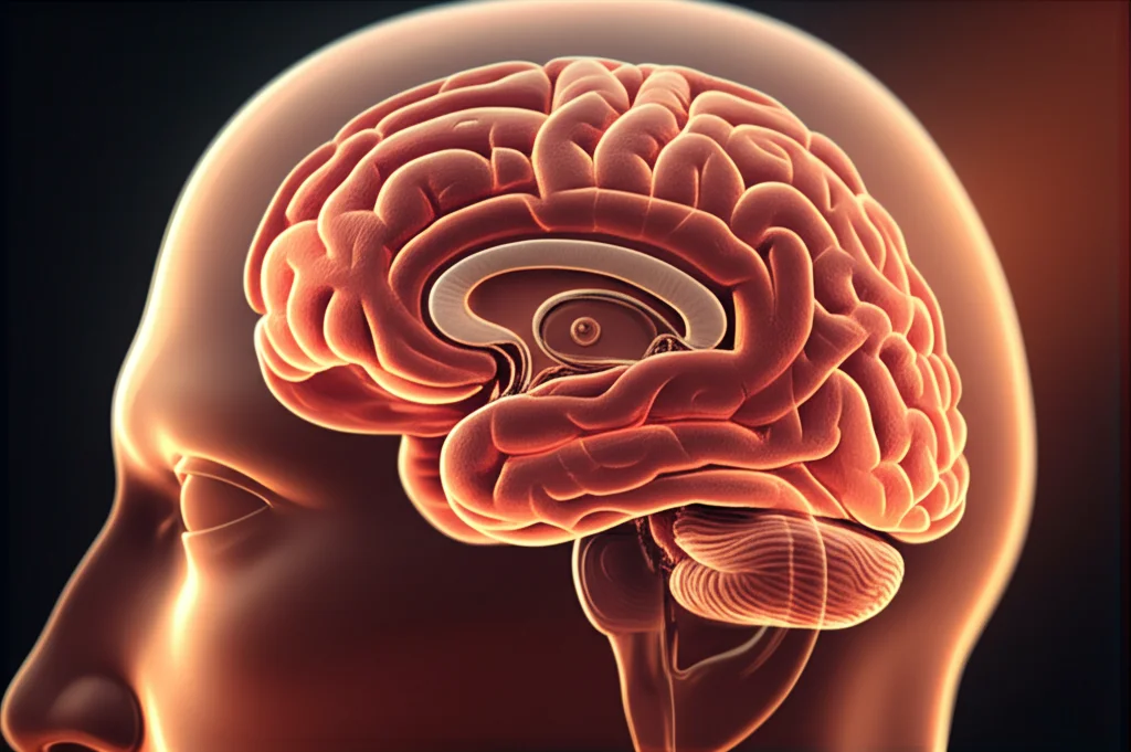 Macro fotografia di un modello 3D stilizzato del cervello umano, con la regione dell'ippocampo evidenziata in una luce calda e soffusa, obiettivo macro 90mm, illuminazione controllata, alta definizione, per rappresentare la memoria e la funzione cognitiva.