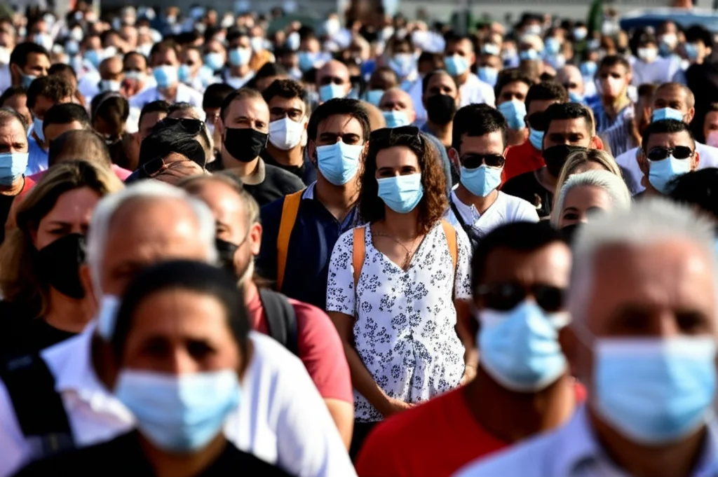 Fotografia di una folla a un comizio politico nel 2020, alcune persone con mascherine, altre senza, obiettivo zoom 50mm, luce diurna, profondità di campo media, a rappresentare la divisione sull'uso delle mascherine durante la pandemia.