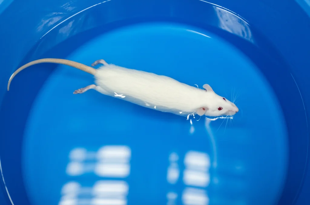 Fotografia realistica di un ratto da laboratorio bianco che nuota in una piscina circolare blu (Morris Water Maze), visto dall'alto, obiettivo zoom 70-200mm, messa a fuoco precisa sul ratto, illuminazione da laboratorio chiara, per illustrare i test comportamentali.