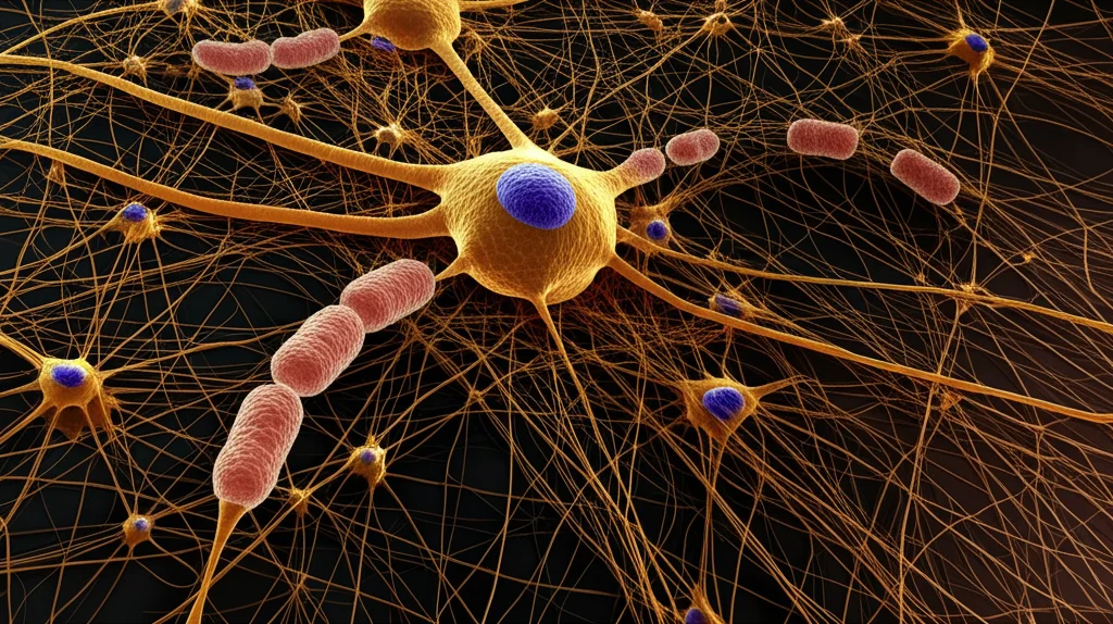 Micrografia elettronica stilizzata ad alto dettaglio che mostra neuroni sani (ordinati, con nuclei definiti) accanto a neuroni danneggiati (disordinati, atrofizzati), obiettivo macro 100mm, illuminazione drammatica laterale, alta definizione, per visualizzare il danno neuronale e la neuroprotezione.