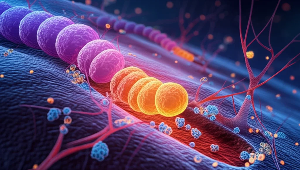 Visualizzazione 3D astratta ad altissimo dettaglio di una sinapsi neuronale, con vescicole presinaptiche e recettori postsinaptici brillanti, obiettivo macro 105mm, illuminazione controllata e vibrante, messa a fuoco precisa sulla fessura sinaptica, per rappresentare la plasticità sinaptica.