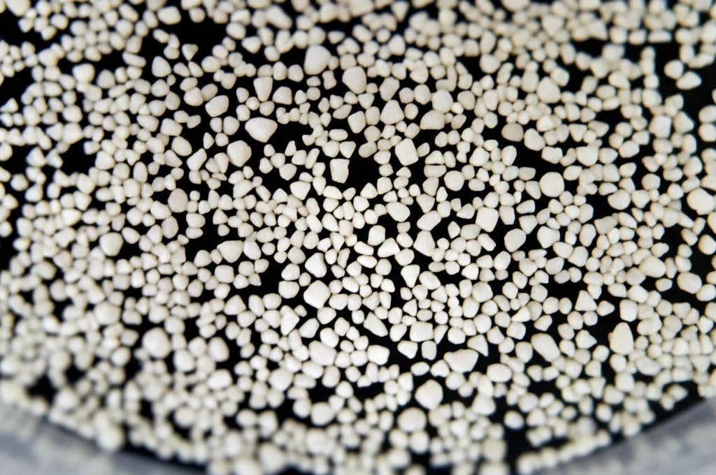 Primo piano estremo di granuli di vetro bioattivo S53P4 biancastri e traslucidi all'interno di una capsula di Petri sterile su sfondo scuro. Illuminazione laterale controllata per evidenziare la texture e la forma irregolare dei granuli. Messa a fuoco estremamente precisa su alcuni granuli centrali. Obiettivo macro 100mm, alta definizione, dettaglio elevato.