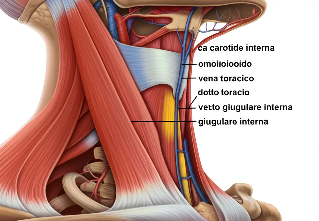 Illustrazione anatomica fotorealistica della regione del collo sinistro che mostra il muscolo omoioideo (evidenziato) riposizionato come lembo per coprire l'area del dotto toracico vicino alla vena giugulare interna e all'arteria carotide. Stile atlante medico, alta definizione, etichette anatomiche chiare.