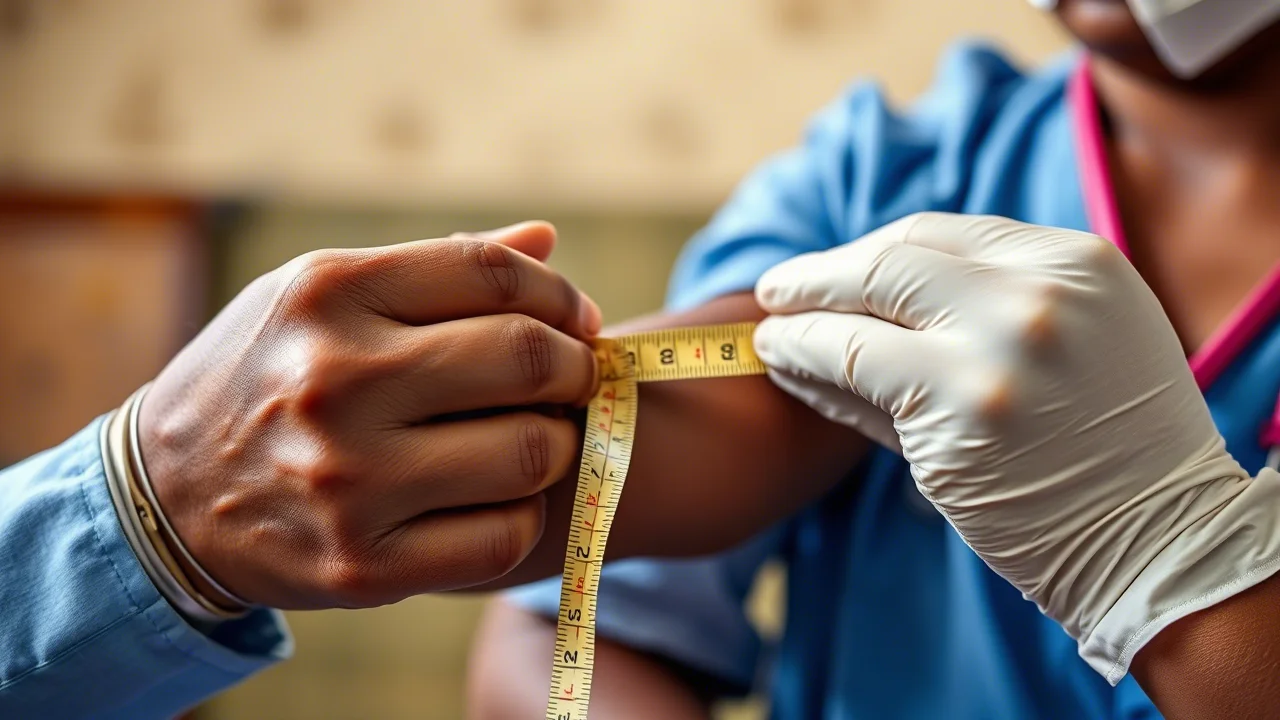 Primo piano sulle mani di un operatore sanitario che misurano delicatamente la circonferenza del braccio (MUAC) di un bambino piccolo etiope in un ambiente clinico semplice, focus preciso sulle mani e sul metro, obiettivo macro 90mm, alta definizione. Simbolo di diagnosi e cura della malnutrizione.