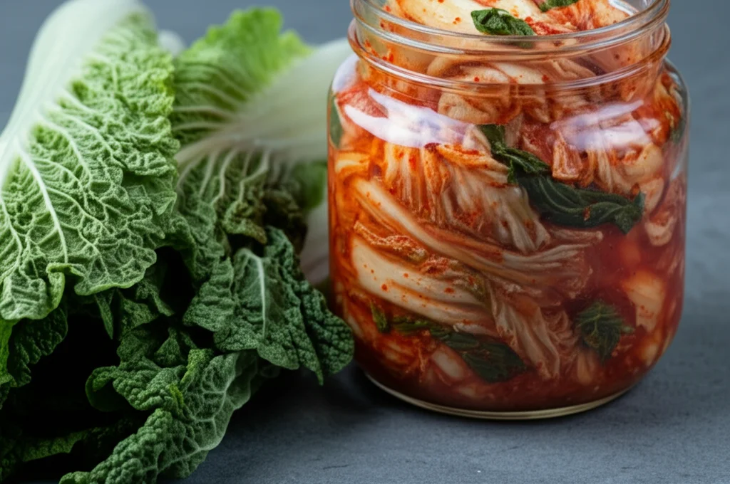 Primo piano di foglie di cavolo cinese fresche e croccanti accanto a un barattolo di kimchi fermentato vibrante, illuminazione controllata da studio, obiettivo macro 90mm, alta definizione, focus preciso sulla texture delle foglie e sui cristalli di sale visibili.