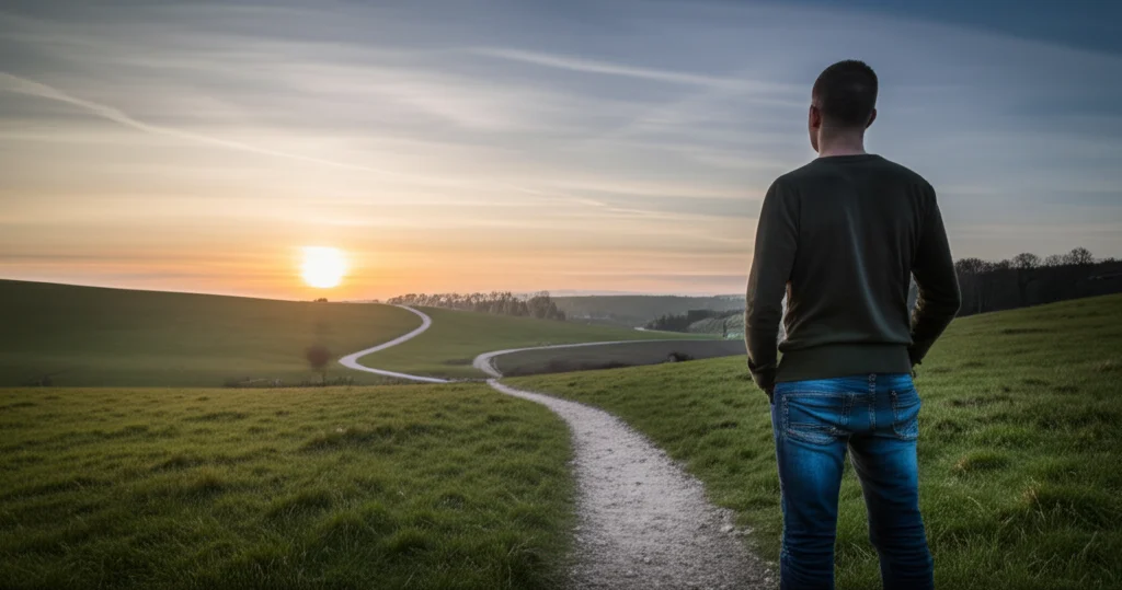 Fotografia grandangolare di un paesaggio all'alba con diversi sentieri che si diramano verso l'orizzonte luminoso, simboleggiando le diverse scelte di carriera future. Uno studente visto di spalle osserva i sentieri. Obiettivo grandangolare 15mm, lunga esposizione per nuvole soffici, colori vividi.