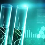 Concetto astratto di Intelligenza Artificiale che analizza campioni di urina per la diagnosi precoce del cancro al pancreas, visualizzazione dati luminosa sovrapposta a provette stilizzate, sfondo medico high-tech, obiettivo 35mm, colori blu e verde acqua duotone.