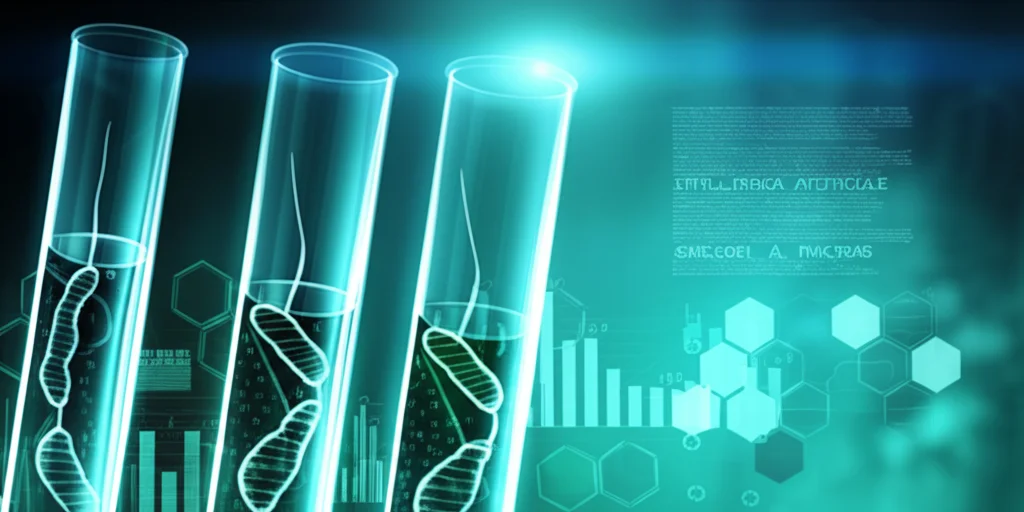 Concetto astratto di Intelligenza Artificiale che analizza campioni di urina per la diagnosi precoce del cancro al pancreas, visualizzazione dati luminosa sovrapposta a provette stilizzate, sfondo medico high-tech, obiettivo 35mm, colori blu e verde acqua duotone.