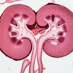 Fotografia macro di un rene suino sezionato longitudinalmente in un ambiente di laboratorio, illuminazione controllata che mette in risalto la differenza tra la corticale esterna e la midollare interna, focus preciso sui dettagli della pelvi renale, obiettivo macro 100mm, alta definizione.