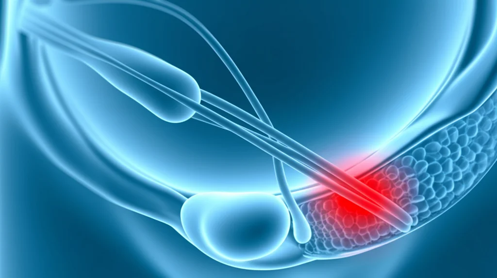 Illustrazione medica stilizzata che mostra uno sling mid-uretrale posizionato sotto l'uretra femminile, con un'area evidenziata in rosso che indica l'erosione del tessuto uretrale, sfondo medico pulito, illuminazione da studio.