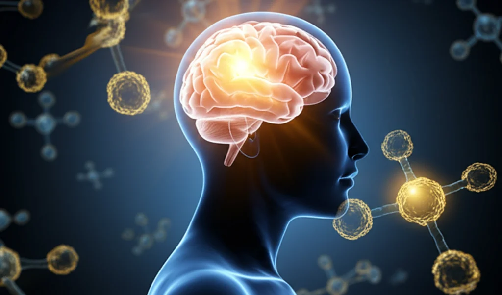 Immagine concettuale fotorealistica che mostra una silhouette stilizzata della testa umana con un cervello luminoso all'interno, dove l'area dell'ippocampo è particolarmente brillante, circondata da rappresentazioni astratte di molecole di Xiao Yao San. Obiettivo 35mm, toni duotone blu calmante e oro curativo, profondità di campo che mette a fuoco il cervello.