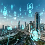 Immagine concettuale fotorealistica: una rete neurale luminosa sovrapposta a un paesaggio urbano globale con simboli ESG e motivi islamici, obiettivo grandangolare 20mm, messa a fuoco nitida, che simboleggia l'intersezione tra IA, finanza sostenibile e mercati globali.