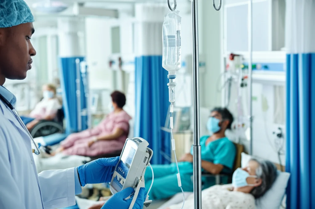 Immagine fotorealistica di un medico o farmacista in ambiente ospedaliero che regola con attenzione una flebo di Remdesivir collegata a un paziente COVID-19. Sullo sfondo, altri pazienti diversi per età ed etnia ricevono cure, suggerendo personalizzazione. Utilizzo di un obiettivo prime (24-35mm) con profondità di campo (depth of field) per mettere a fuoco l'azione sulla flebo ma mantenere visibile il contesto. Illuminazione controllata, stile clinico ma umano.