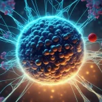 Rappresentazione fotorealistica di una reazione di fusione nucleare tra un protone (sfera rossa piccola) e un nucleo di boro (sfera blu più grande) facilitata dalla presenza di un nucleo pesante d'oro (sfera dorata molto grande) circondato da una densa nube diffusa di elettroni schermanti (bluastra/trasparente). La scena è ambientata in un plasma caldo e luminoso. Stile macro, 100mm, high detail, precise focusing, controlled lighting, profondità di campo ridotta.