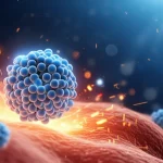 Visualizzazione concettuale fotorealistica di un nano-enzima Pt/SAE (particelle sferiche luminose ultrasmall) che circonda e protegge una cellula renale stilizzata da attacchi di radicali liberi (scintille rosse/arancioni). Sfondo astratto blu scuro che rappresenta l'ambiente biologico. Illuminazione drammatica che evidenzia l'interazione. Lente virtuale con profondità di campo ridotta.
