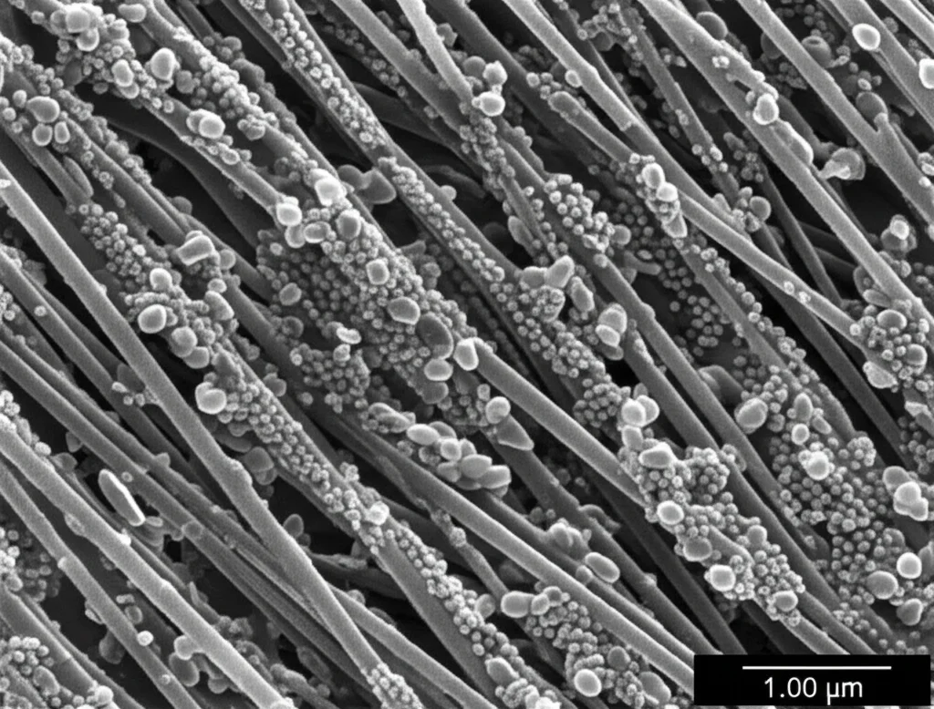 Immagine macro 100mm ad alta definizione di nanofili d'argento su un substrato di silicio, ottenuta con microscopio elettronico a scansione (SEM). La superficie dei nanofili mostra chiaramente la formazione di nanoparticelle secondarie di circa 35 nm dopo 6 minuti di trattamento al plasma di argon. Illuminazione controllata per massimizzare i dettagli della texture superficiale.