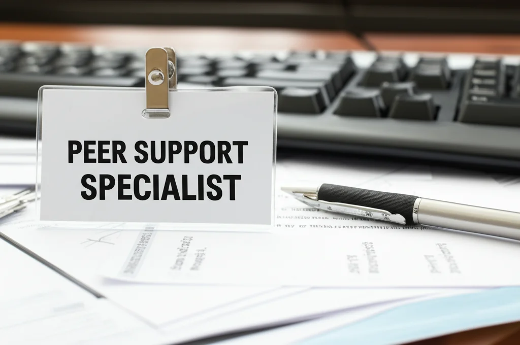 Un'immagine macro di un cartellino identificativo con la scritta 'Peer Support Specialist' appoggiato su una scrivania disordinata con fogli e una tastiera sfocata sullo sfondo. Obiettivo macro 100mm, alta definizione, illuminazione controllata per enfatizzare la texture del cartellino.