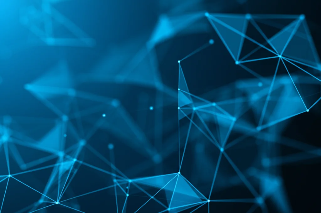 Visualizzazione astratta di dati sanitari nazionali svedesi collegati tra loro, rappresentati come nodi e linee luminose interconnesse su uno sfondo blu scuro, stile high-tech, focus preciso, macro lens 70mm.