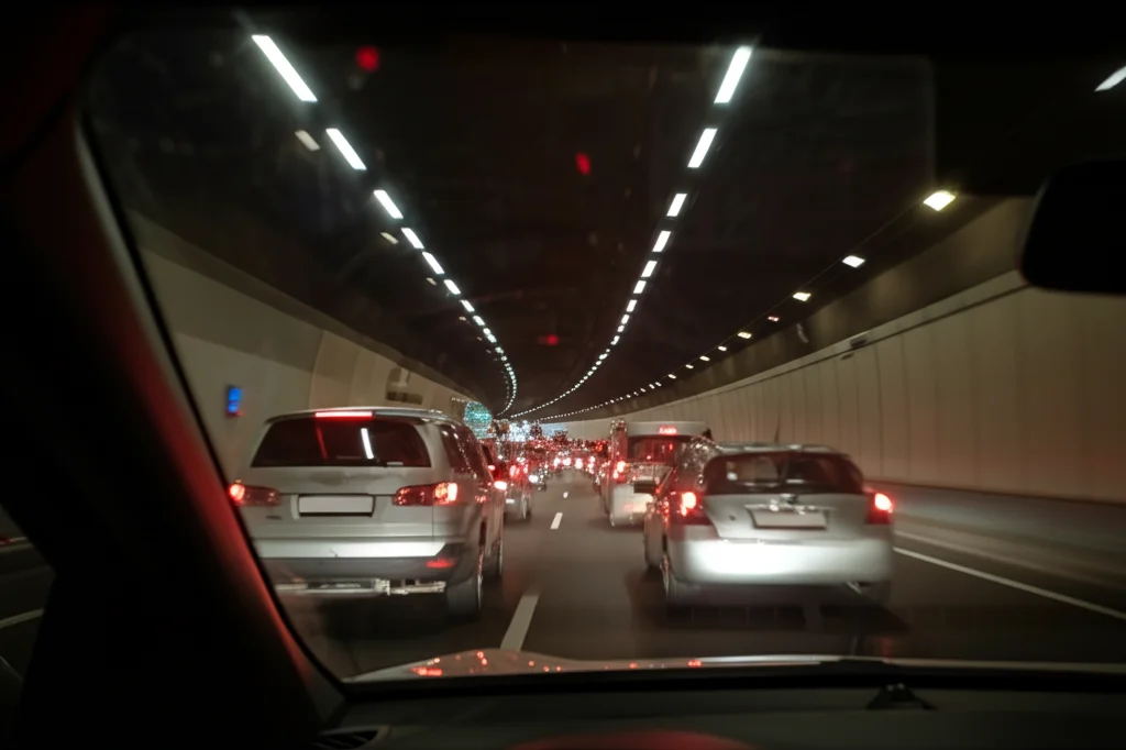 Fotografia di traffico intenso all'interno di un tunnel stradale, vista dall'interno di un'auto, obiettivo grandangolare 24mm, messa a fuoco nitida sulle luci posteriori delle auto rosse e bianche, effetto leggermente mosso per indicare movimento, atmosfera notturna.