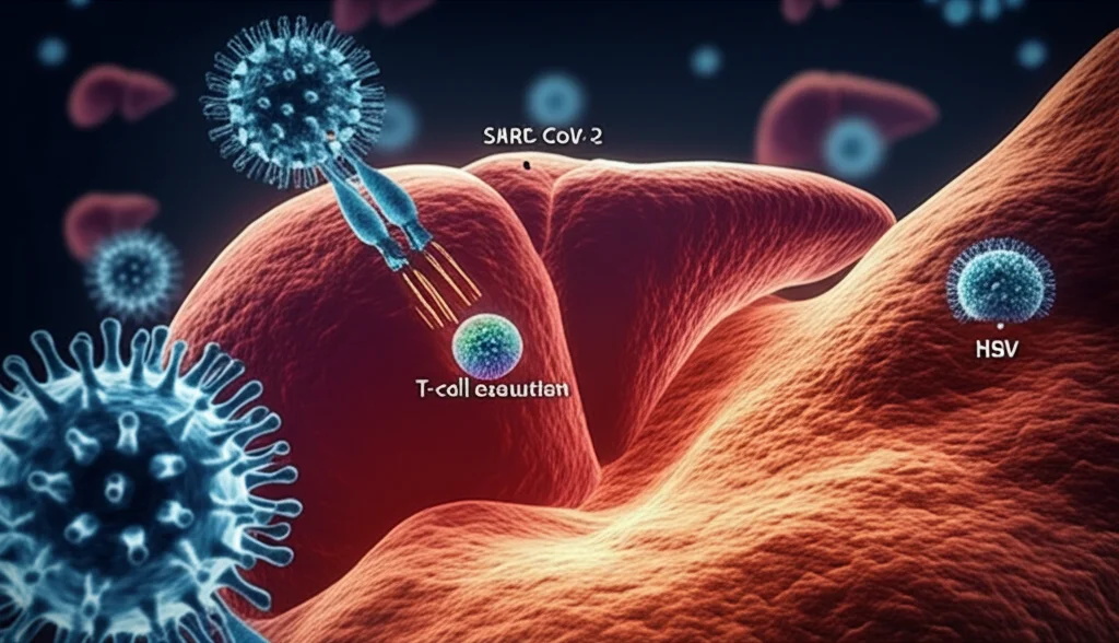 Illustrazione medica stilizzata che mostra un linfocita T esausto (T-cell exhaustion) con recettori inibitori evidenti, che interagisce debolmente con cellule epatiche infette da virus HBV e SARS-CoV-2, sfondo scuro con dettagli luminosi, macro lens 100mm, high detail.