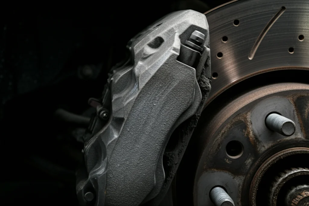 Dettaglio macro di un disco freno di un'auto sportiva con pinza rossa, particelle scure di usura visibili sulla superficie del disco e sulla pinza, obiettivo macro 60mm, illuminazione laterale drammatica che crea ombre profonde, alta definizione, messa a fuoco precisa sulle particelle di polvere di freno.