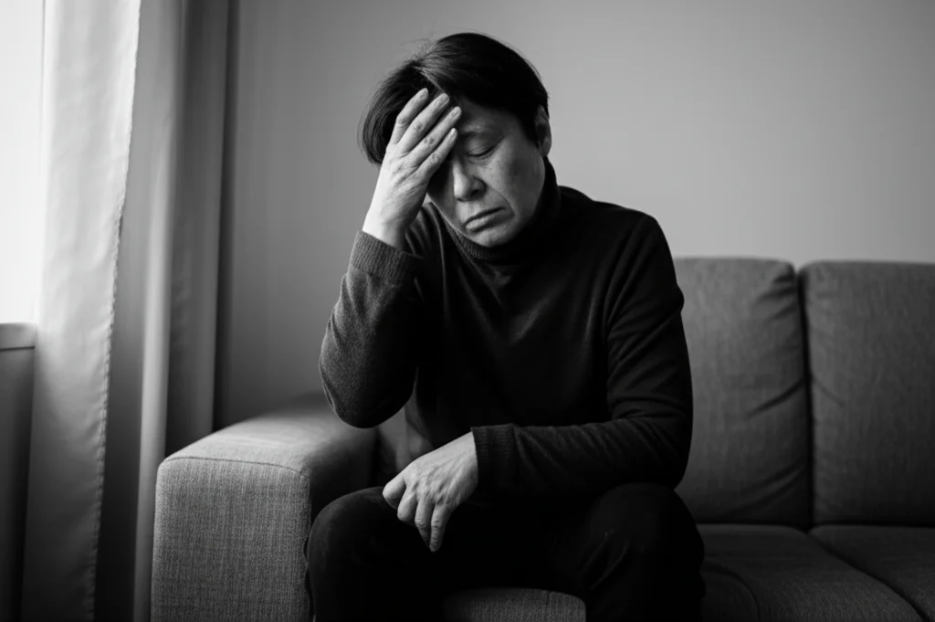 Fotografia realistica di una persona di mezza età seduta su un divano, con espressione affaticata e mano sulla fronte, luce naturale da una finestra laterale. Obiettivo prime 50mm, profondità di campo ridotta per isolare il soggetto, bianco e nero per accentuare l'emozione della stanchezza e del 'brain fog'.