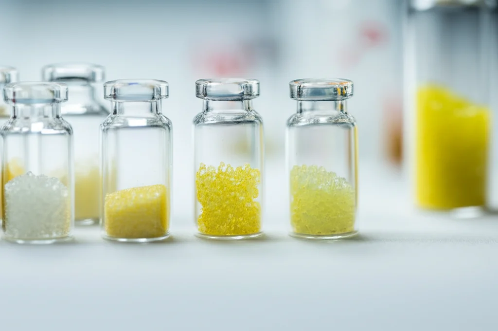 Fotografia still life di diverse piccole fiale di vetro contenenti polveri cristalline di colori giallo pallido e giallo limone, disposte ordinatamente su un banco di laboratorio pulito. Obiettivo macro 60mm, messa a fuoco precisa sui cristalli, illuminazione laterale morbida.