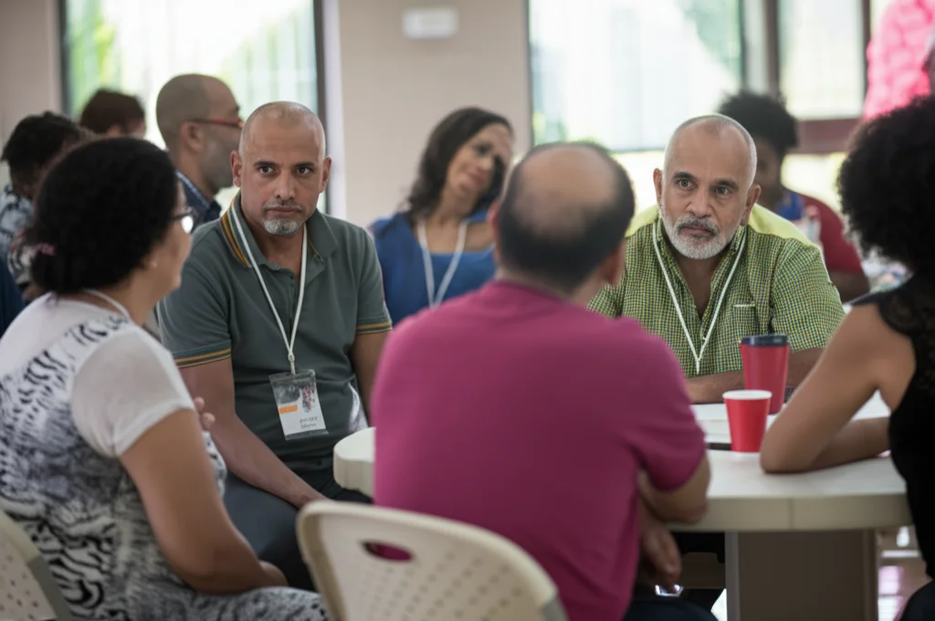 Fotografia di un incontro informale tra operatori di intervento sulla violenza comunitaria (CVI) e membri della comunità in un centro civico. Luce naturale soffusa, obiettivo prime 35mm, profondità di campo ridotta per mettere a fuoco le interazioni. Stile documentaristico.