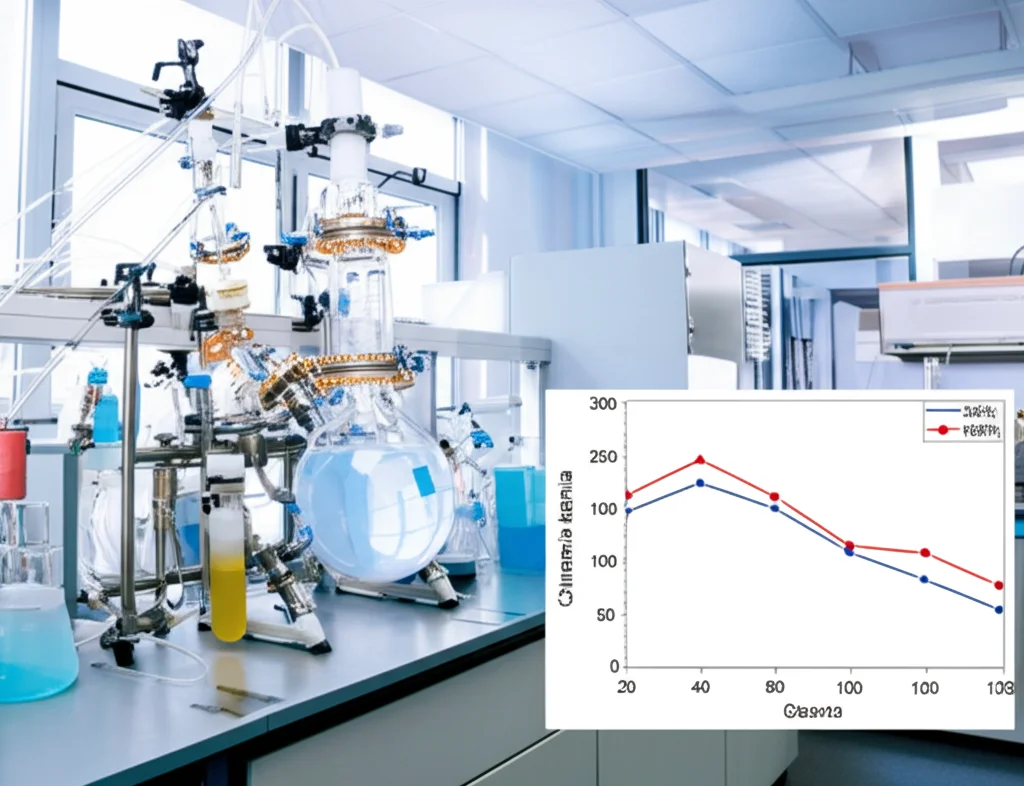 Fotografia di un reattore chimico in vetro di dimensioni maggiori (scala multigrammo) su un banco di laboratorio, con tubi e agitazione visibile, accanto a un grafico digitale che mostra metriche di chimica verde come l'economia atomica al 100%. Obiettivo 35mm, illuminazione da laboratorio brillante, messa a fuoco nitida.