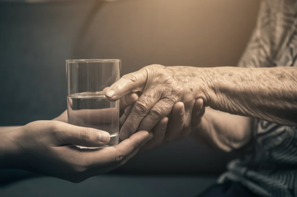 Fotografia realistica di mani che si aiutano: una mano più giovane che supporta delicatamente la mano di una persona anziana durante un'attività semplice come versare acqua in un bicchiere. Obiettivo prime 35mm, luce calda e morbida, duotone seppia e grigio per un tocco emotivo, focus sulle mani per simboleggiare supporto e riabilitazione.
