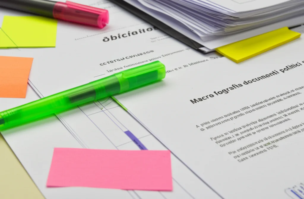 Macro fotografia di documenti politici accatastati su una scrivania d'ufficio, con evidenziatori e note adesive. Obiettivo macro 90mm, illuminazione controllata dall'alto per creare ombre leggere, alta definizione sui dettagli della carta e del testo.