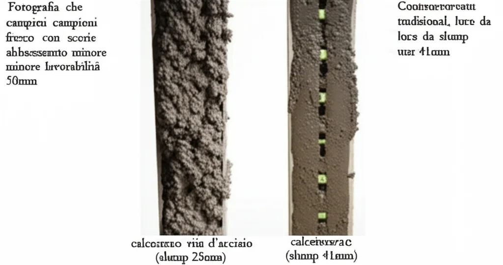 Fotografia che confronta due campioni di calcestruzzo fresco durante un test di slump; a sinistra, il calcestruzzo con scorie d'acciaio mostra un abbassamento minore (slump 25mm), indicando minore lavorabilità; a destra, il calcestruzzo tradizionale mostra uno slump maggiore (41mm). Obiettivo 50mm, luce da studio.