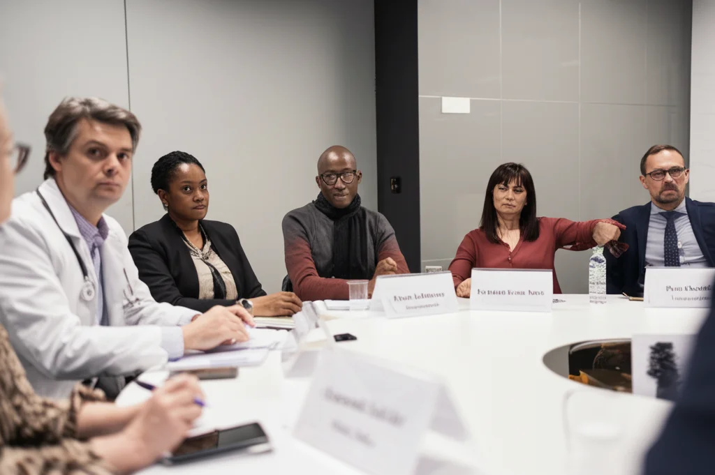 Fotografia grandangolare 24mm di una tavola rotonda con diversi stakeholder (medici, attivisti comunitari, funzionari pubblici) in una sala conferenze moderna. Espressione seria ma collaborativa sui volti, luce ambientale mista, focus nitido su tutto il gruppo.