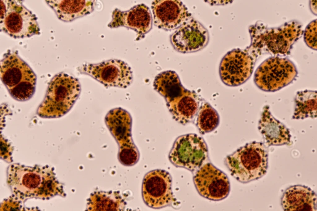 Immagine macro ad alta definizione di lisosomi cellulari che mostrano accumuli lipidici anomali, lente macro 100mm, illuminazione da laboratorio controllata, per illustrare il meccanismo patologico della malattia di Fabry a livello cellulare.
