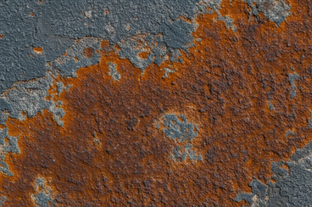 Dettaglio macro di una superficie di calcestruzzo realizzato con scorie d'acciaio, esposto agli agenti atmosferici per alcuni mesi, che mostra piccole macchie color ruggine. Obiettivo macro 100mm, messa a fuoco precisa sulle macchie, luce naturale diffusa.