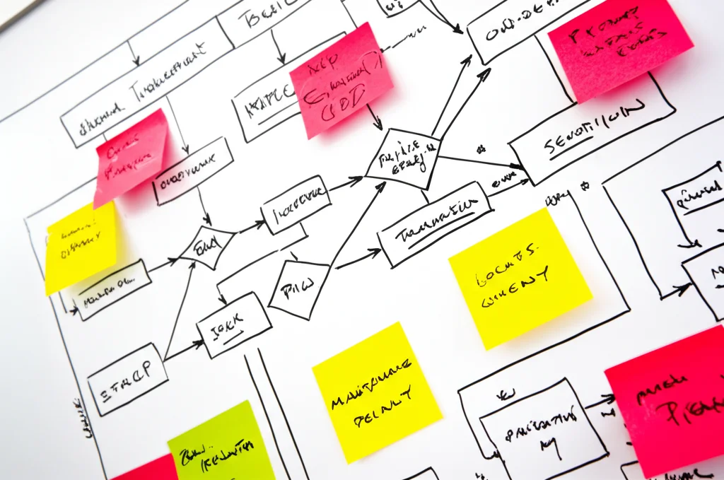Fotografia di una lavagna bianca piena di diagrammi di flusso e note strategiche relative all'implementazione di politiche sanitarie comunitarie. Obiettivo 50mm, luce laterale morbida, dettagli nitidi sulle scritte e sui diagrammi.