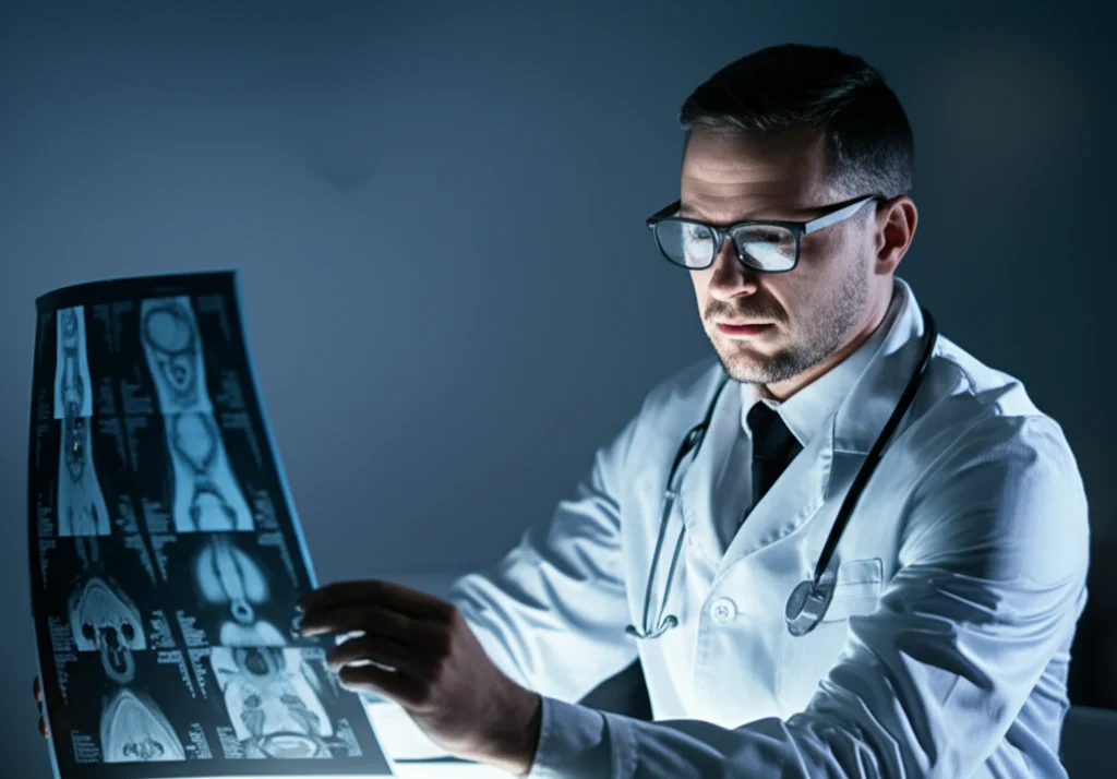 Immagine medica concettuale che mostra un medico perplesso che guarda referti di imaging (risonanza magnetica della vescica e delle articolazioni sacroiliache), simboleggiando la difficoltà diagnostica in un caso complesso. Luce soffusa, focus sui referti. Macro lens, 80mm, high detail.