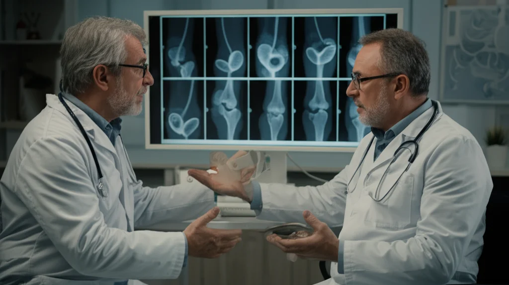 Due medici, un urologo e un reumatologo, che discutono animatamente ma collaborativamente davanti a uno schermo con immagini mediche (vescica e articolazioni). Ambiente clinico moderno. Prime lens, 35mm, depth of field.