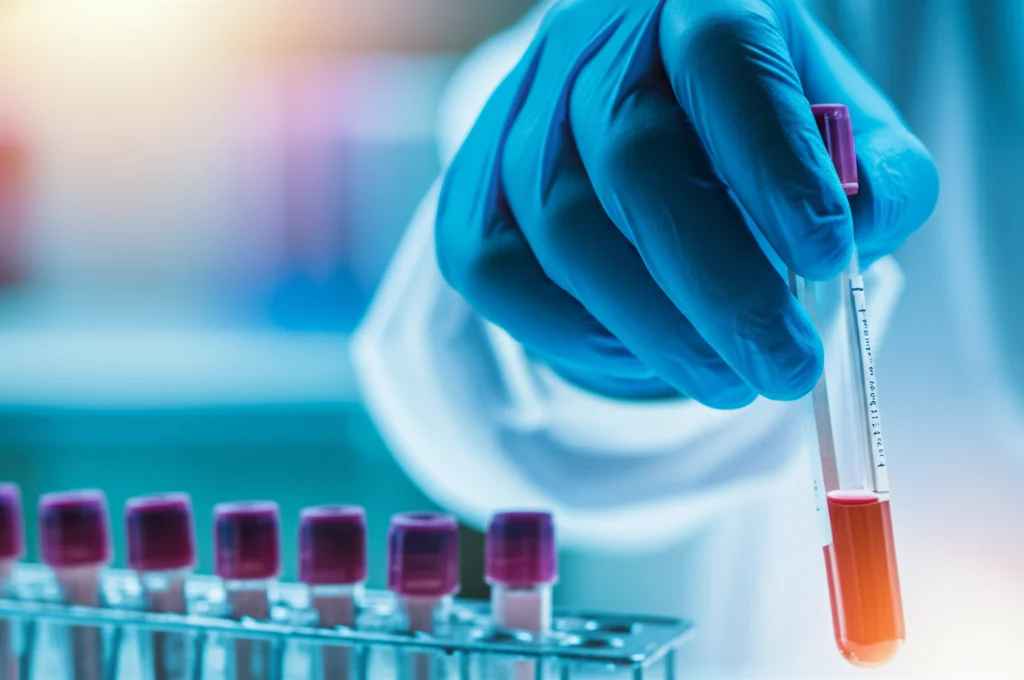 Primo piano di una provetta di sangue in un laboratorio moderno, macro lens 100mm, alta definizione, illuminazione controllata, focus preciso sul campione, suggerendo analisi mediche avanzate per il mieloma multiplo.